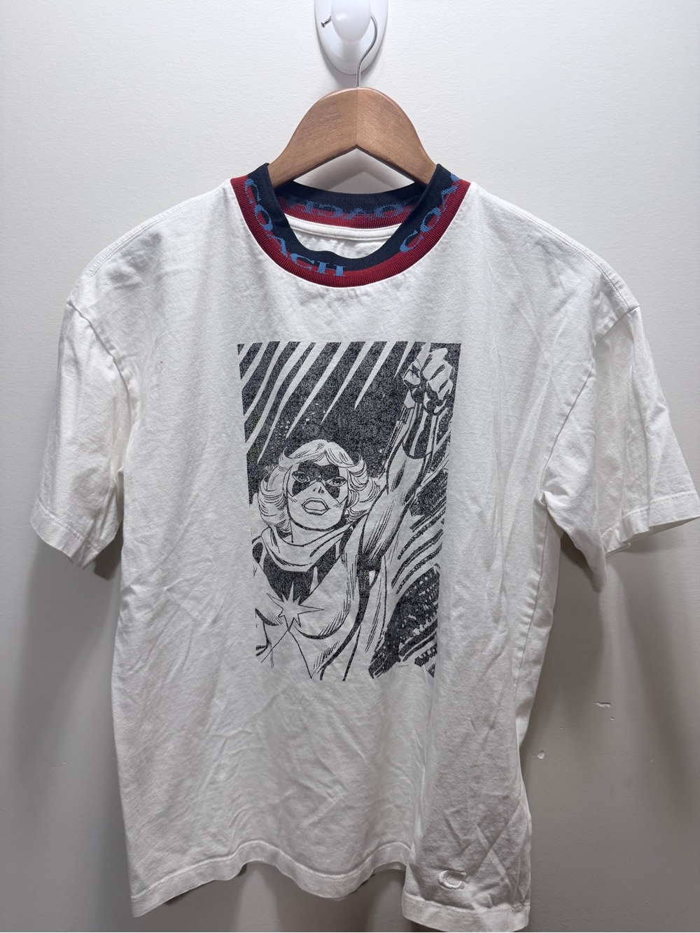 Coach White Graphic Short-Sleeve Tee with Red and Blue Ringer Collar Small Size
